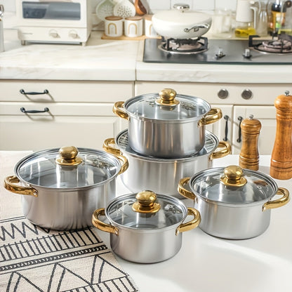 A multifunctional kitchen cookware set made of stainless steel comprising of 5 pots with double handles and 5 transparent lids. Compatible with gas stoves and induction cookers, suitable for cooking soup, stew, and noodles in 5 different sizes.