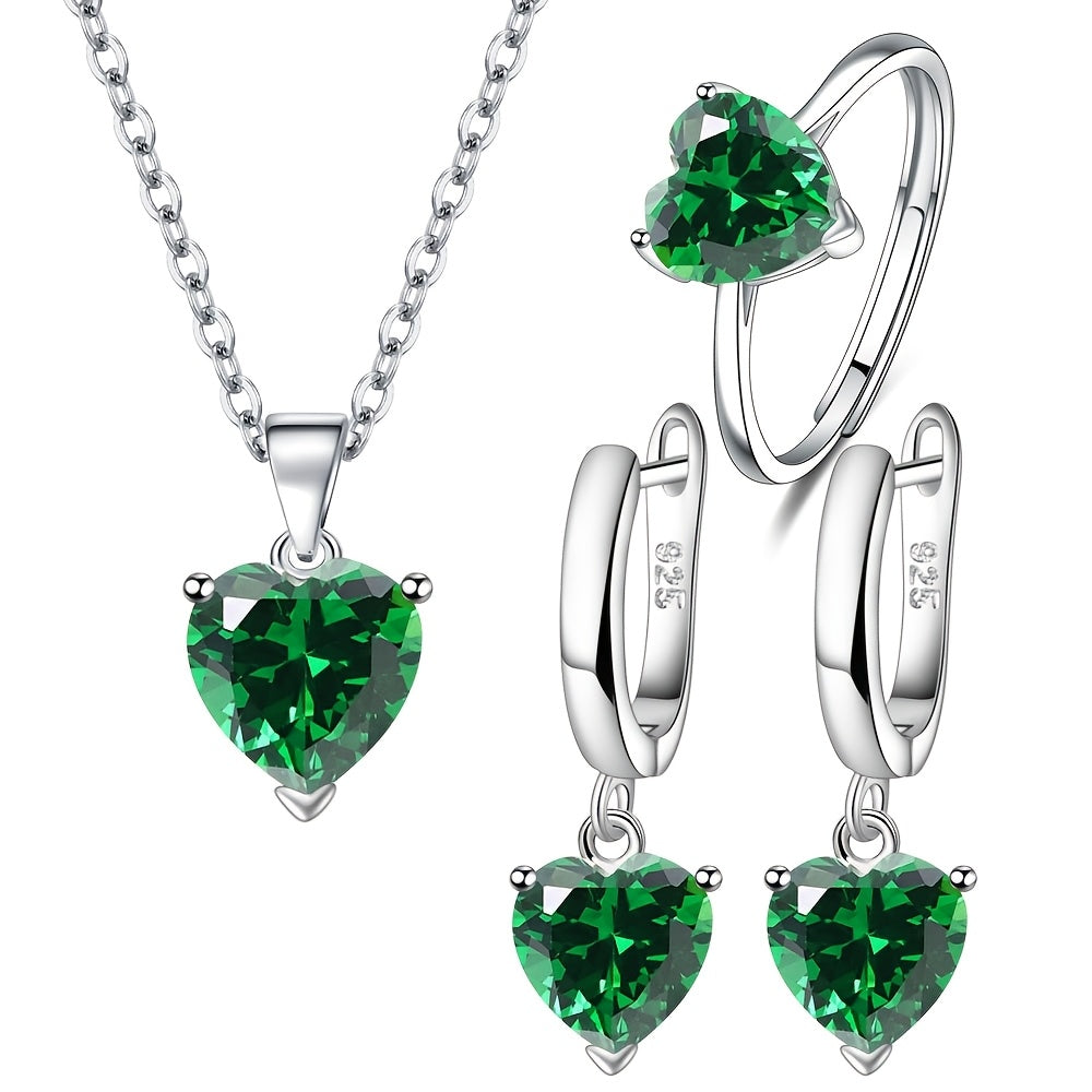 Set of four Heart-Shaped Cubic Zirconia Jewelry Pieces, Stylish and Elegant 925 Silver Plated Copper, Includes Romantic Necklace, Ring, and Earrings, Featuring Synthetic Zirconia, Perfect for Anniversary, Wedding, or Valentine's Day - Suitable for All