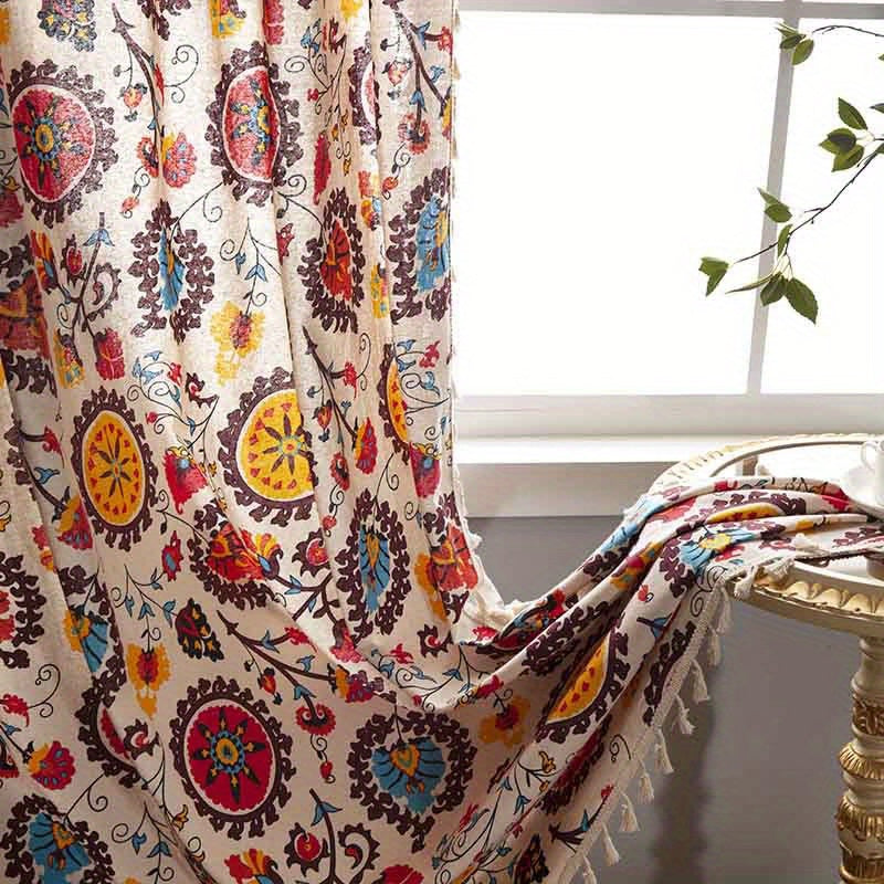 Boho Floral Semi-Blackout Curtain for Living Room, 100% Polyester Rod Pocket Drapes - Hand Washable, Water-Resistant, Decorative Door Panel with Tassel Detail and Sunflower Design - All-Season Unlined Fabric, 220-240gsm, Bohemian Style