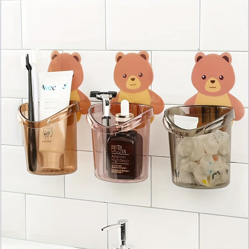 Set of 3 Adorable Bear Toothbrush and Toothpaste Holders - Easily Cleaned Wall-Mounted Bathroom Organizer with Drainage, No Drilling Required - Essential Bathroom Accessory