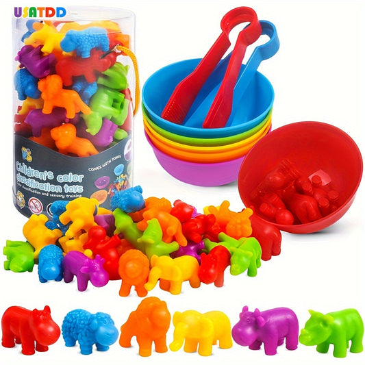 Animal toys matching game with sorting bowls for children ages 3+ is a sensory learning activity promoting fine motor skills and color sorting. Perfect as a Ramadan Mubarak gift.