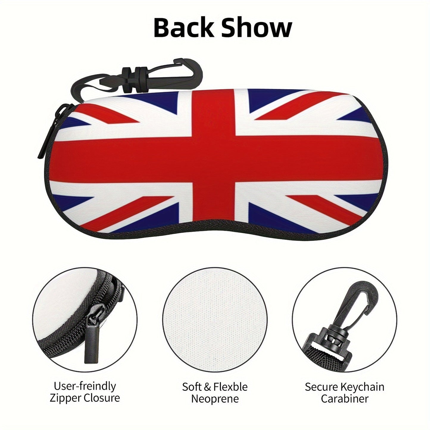 Waterproof glasses case featuring British flag print and keychain, made of ultra-light and soft neoprene material. Ideal for storing fashion eyewear and reading glasses, suitable for both men and women on the go.