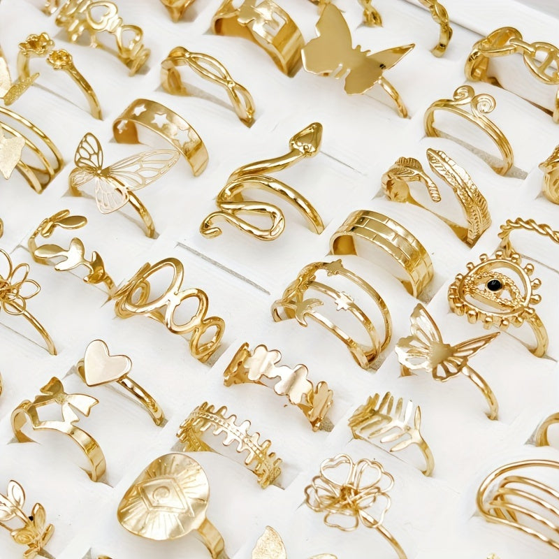 Set of 50 Luxury Golden Alloy Rings for Women - Featuring Elegant & Vintage Butterfly and Snake Designs - Ideal for both Casual Wear and Special Occasions