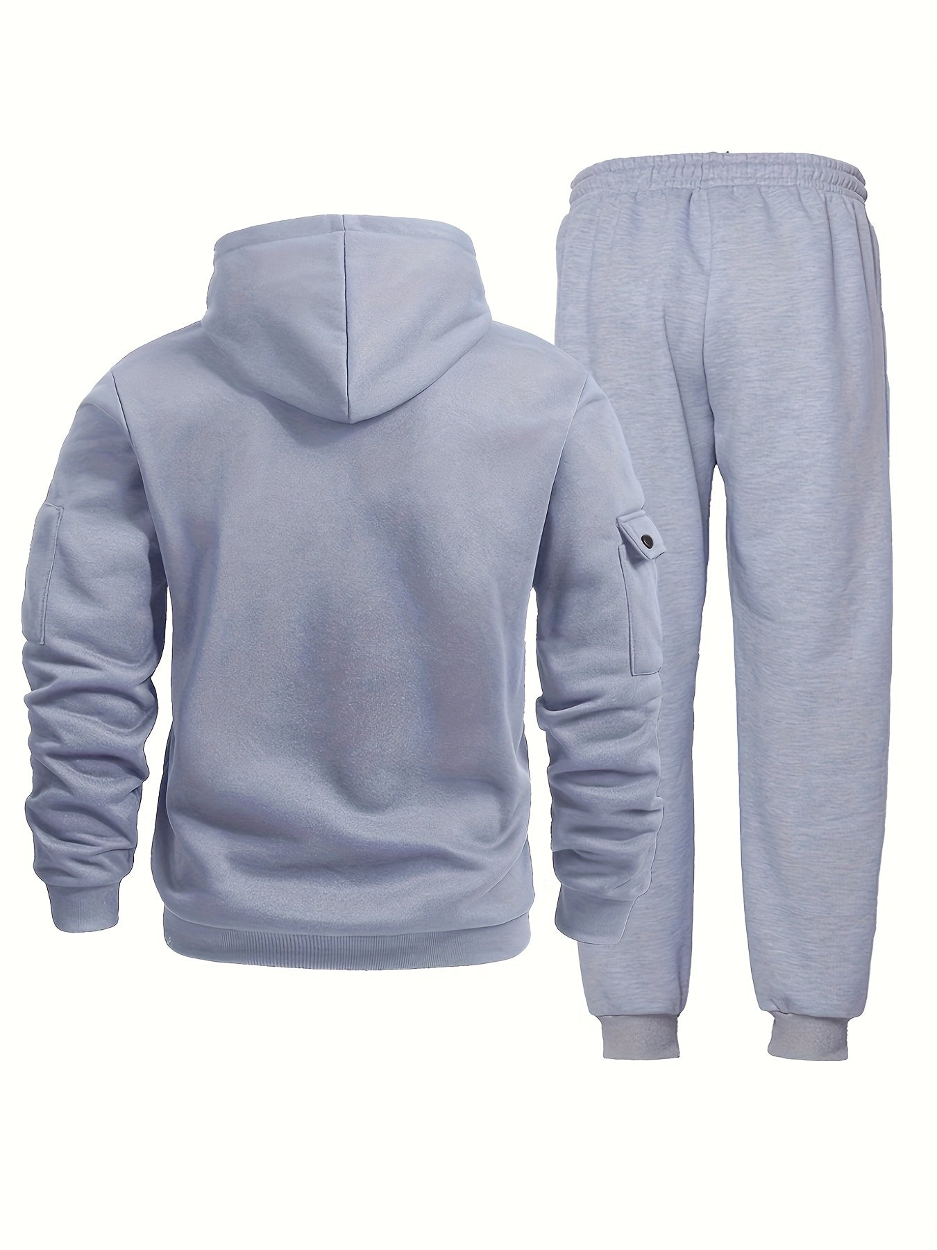 2pcs Men's Casual Sports Sweatsuit Set with hooded pullover and joggers in solid color, slight stretch, lightweight with pockets. Suitable for hiking, running, and sports activities, for