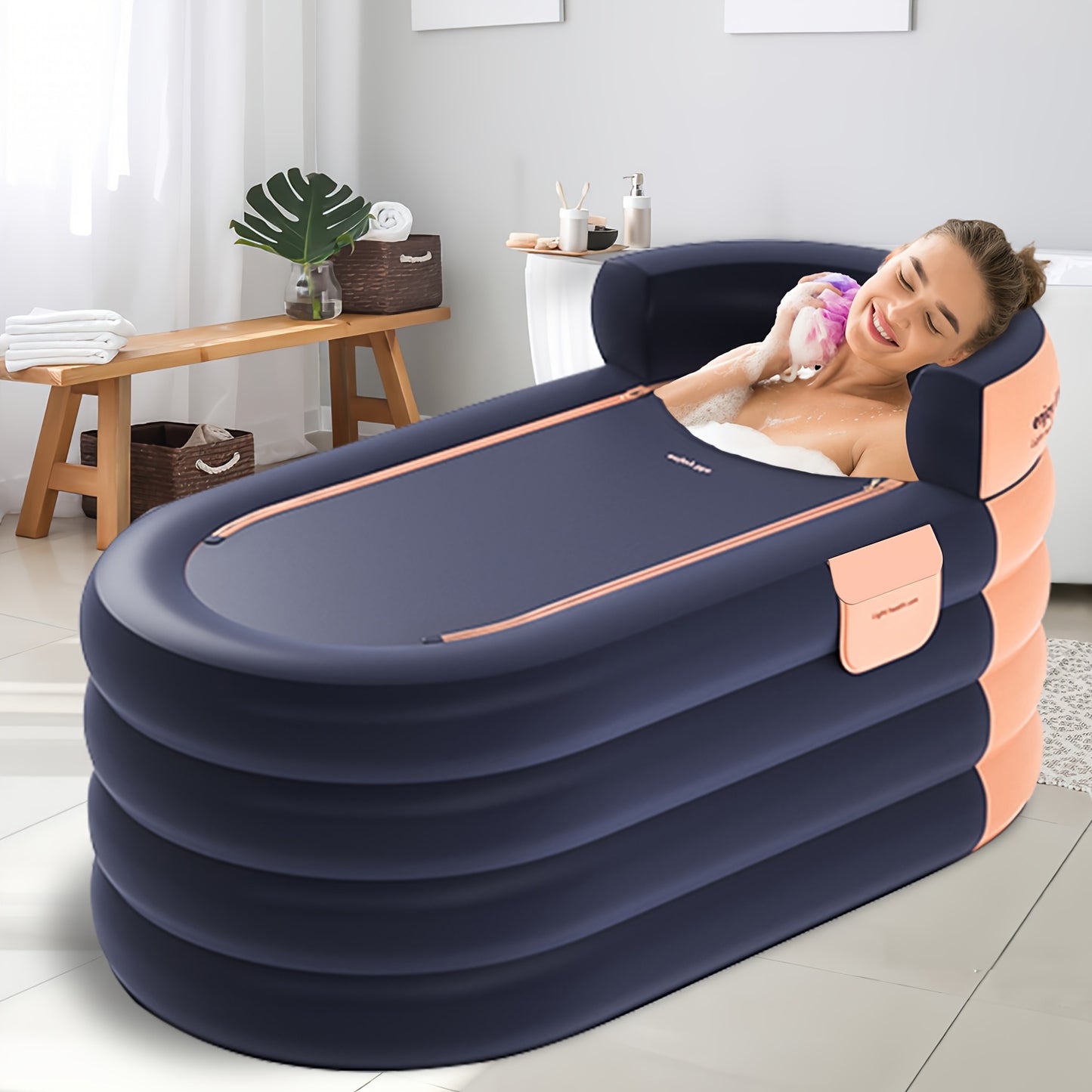 Portable and foldable spa bathtub with thick, easy-inflate and drain design for indoor/outdoor use.