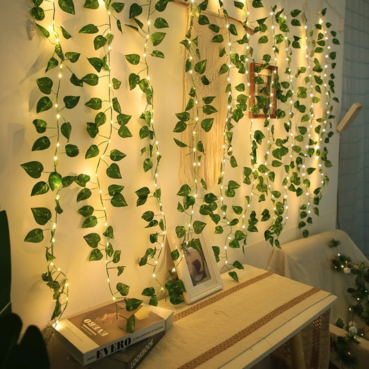 Green Ivy Leaf LED String Lights: Battery-powered for home ambiance, parties, weddings, and holidays. Perfect for decoration.