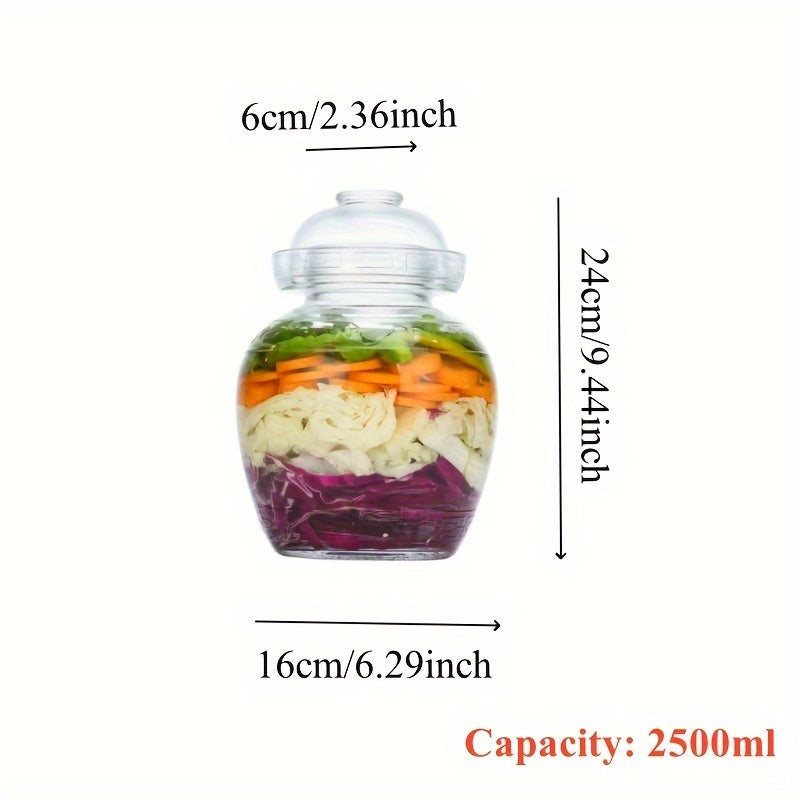 Glass fermentation jar with lid for pickling, 1500ml capacity, ideal for kimchi, sauerkraut, and more. Made of high borosilicate glass with water seal design.