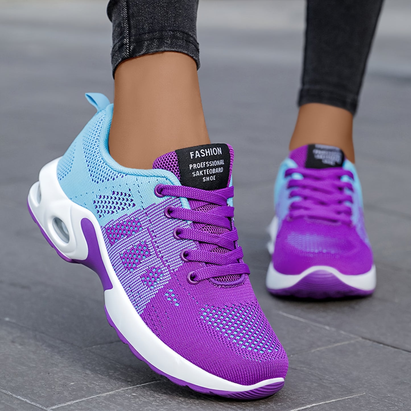 Women's lightweight black knit running shoes with air cushion and mesh upper for all-day comfort and casual wear.