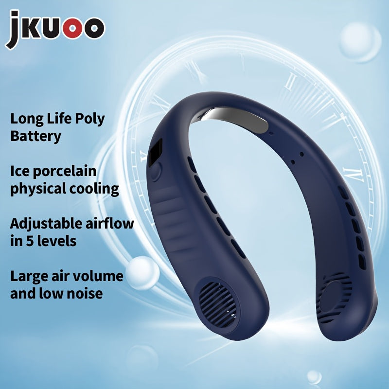 Introducing the 1pc JKUOO Portable Neck Fan with Digital Display. This USB Rechargeable Mini Personal Wearable Fan features 5-Speed settings, ensuring a quiet operation. Made of durable plastic material with a convenient cord, this fan is perfect for