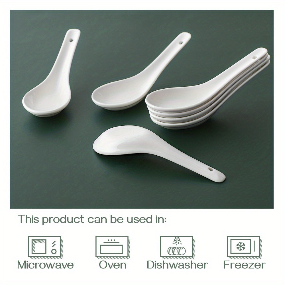 6-piece set of white ceramic soup spoons for various dishes, safe to use in microwave, oven, dishwasher, and freezer.