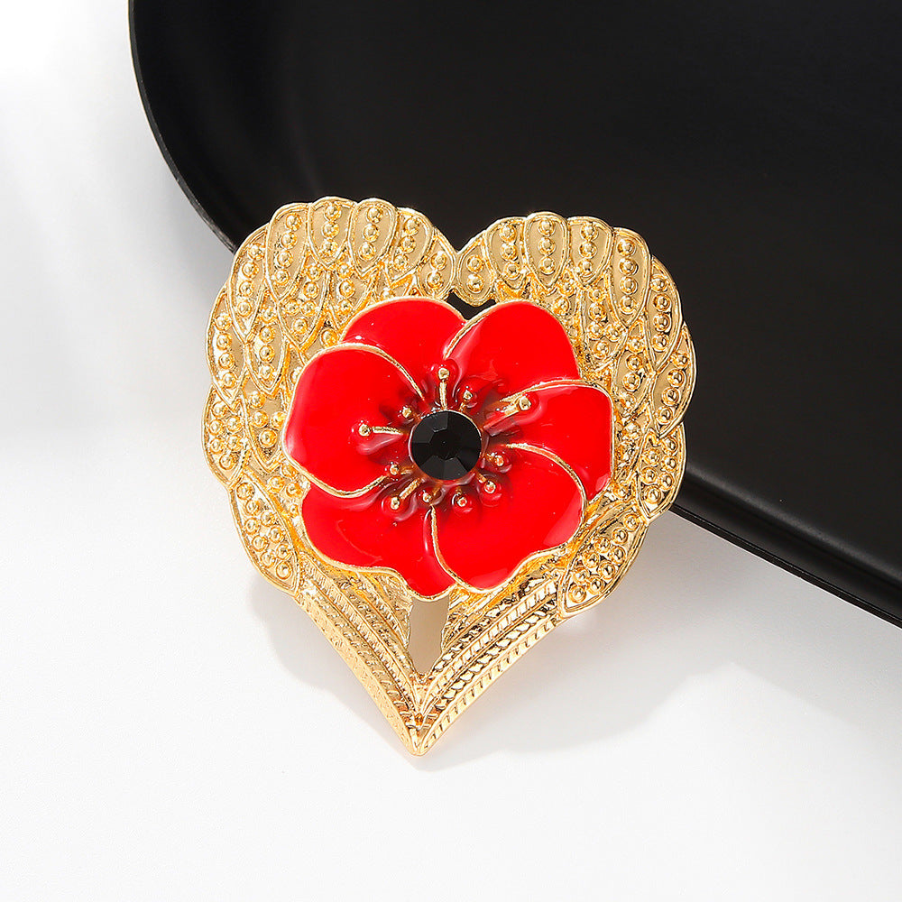 Add a touch of elegance and charm to your attire with this luxurious enamel brooch featuring a heart-shaped poppies design with unique accents. Perfect for enhancing the style of clothing and hats.