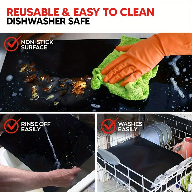 Three pieces or five pieces of reusable non-stick oven mats, each 0.2mm thick and made of Teflon. These oven liners can be used in the microwave and for baking, grilling, and cooking. They are versatile tools for the kitchen, perfect for all your baking