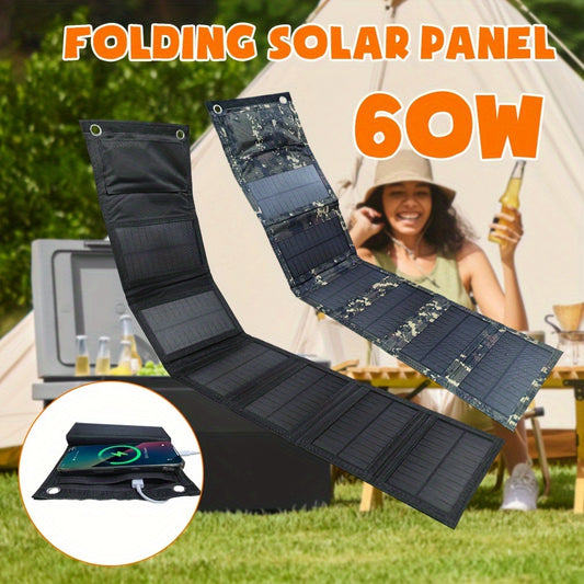 60W Portable Folding Solar Panel Charger with USB for phone charging, with carabiner and cable, from Smaraad Renewable.