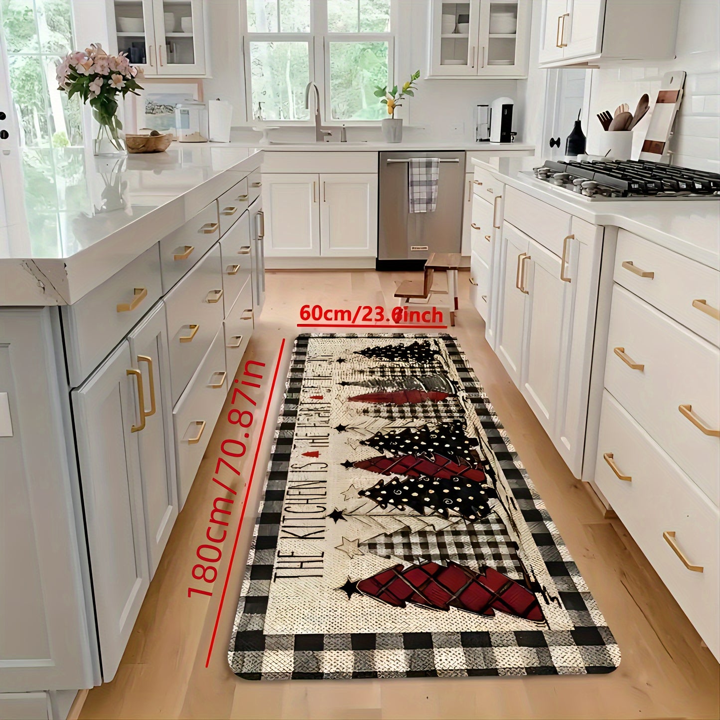 Retro kitchen mat with seasonal and holiday patterns in white and black, suitable for multiple rooms and home decoration.