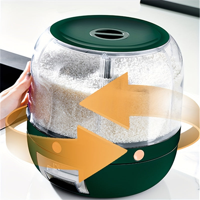 360-degree Rotating Grain Storage Box with 6 Compartments, Measuring Cup, and Automatic Rice Dispenser Button. Ideal for storing rice, cereals, grains, flours, pet food, and maintaining freshness. Perfect for organizing your kitchen supplies.