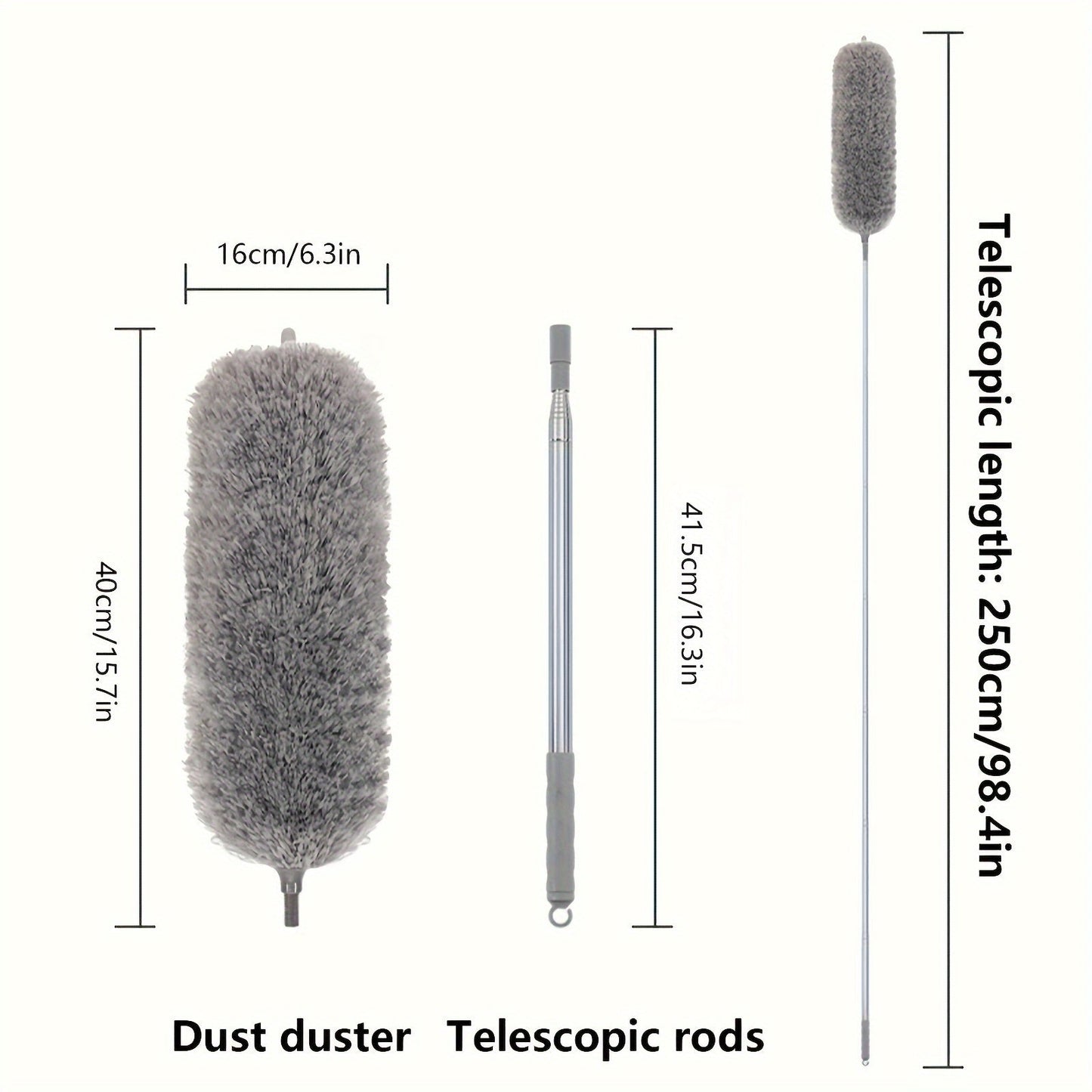 1 set of electrostatic dusters with extension pole, includes a retractable dust removal brush and a flexible dusting brush. These reusable and washable dusters are perfect for cleaning high ceilings, furniture, cars, and other surfaces. A must-have