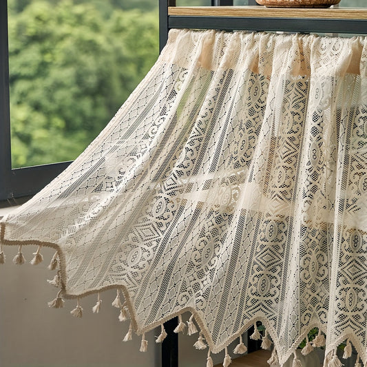 Artistic Boho Geometric Lace Tassel Cafe Curtain Tiers - Made from Polyester, these Semi-Sheer Rod Pocket Kitchen Window Curtains have Thermal Insulated Features. Hand Wash Only. Unique & Cordless Design.