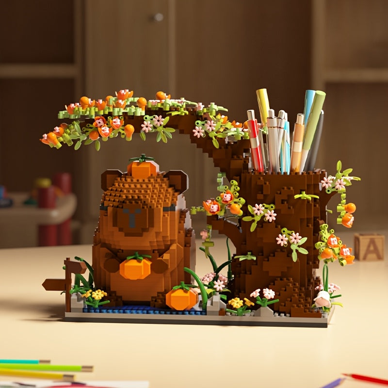 Charming capybara building block pen holder with multi-function desk organizer for office supplies, cosmetics, and handicrafts. Perfect birthday gift made of deep brown/black ABS material.