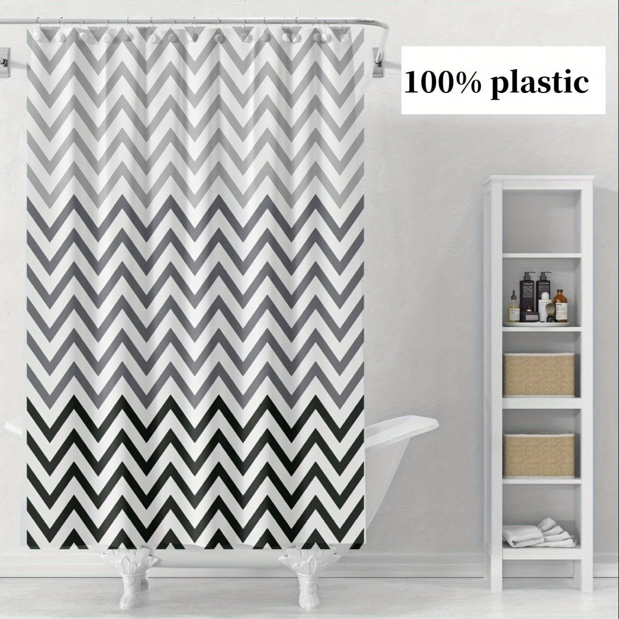 Chic black and white chevron shower curtain - waterproof, machine washable, includes hooks, ideal for any bathroom décor.