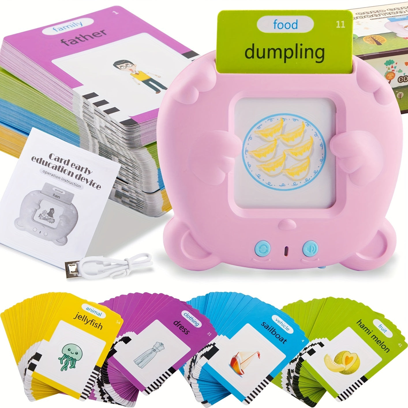 224 out of 510 words describe the Youngsters Talking Flash Card Reader. This product includes 112 double-sided cards in both blue and pink colors. It is rechargeable and serves as an educational interactive toy for children aged 3 and up. The Learning