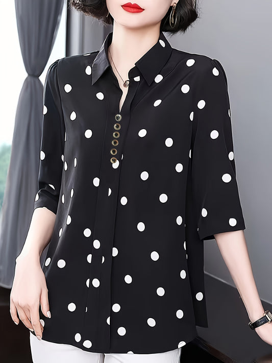 Stylish polka dot blouse for women - perfect for summer vacations. Made of polyester and machine washable with button detail. Non-stretch fabric.