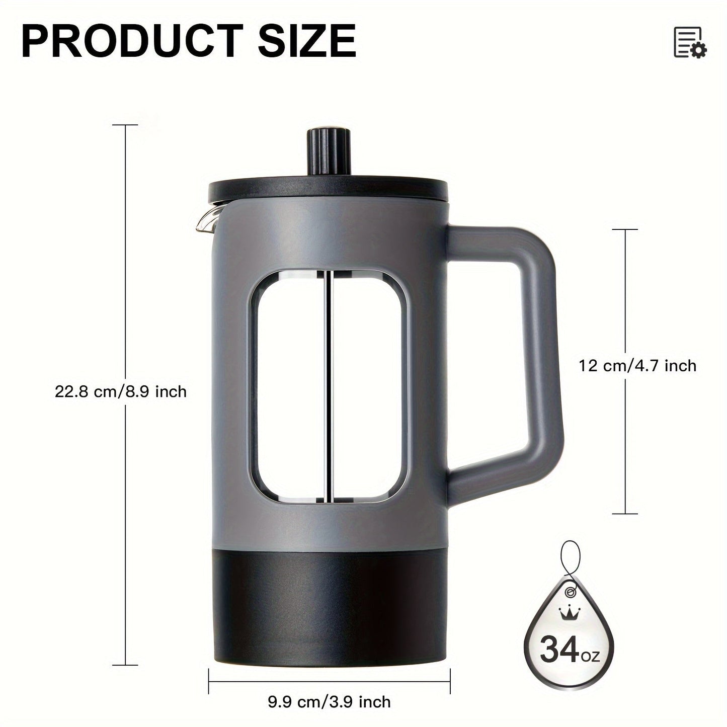 Introducing the French Press Coffee Maker available in three sizes - 350ml, 600ml, and 1L. This modern style coffee maker is constructed with durable glass and stainless steel, featuring a manual operation for a customizable brewing experience. Complete