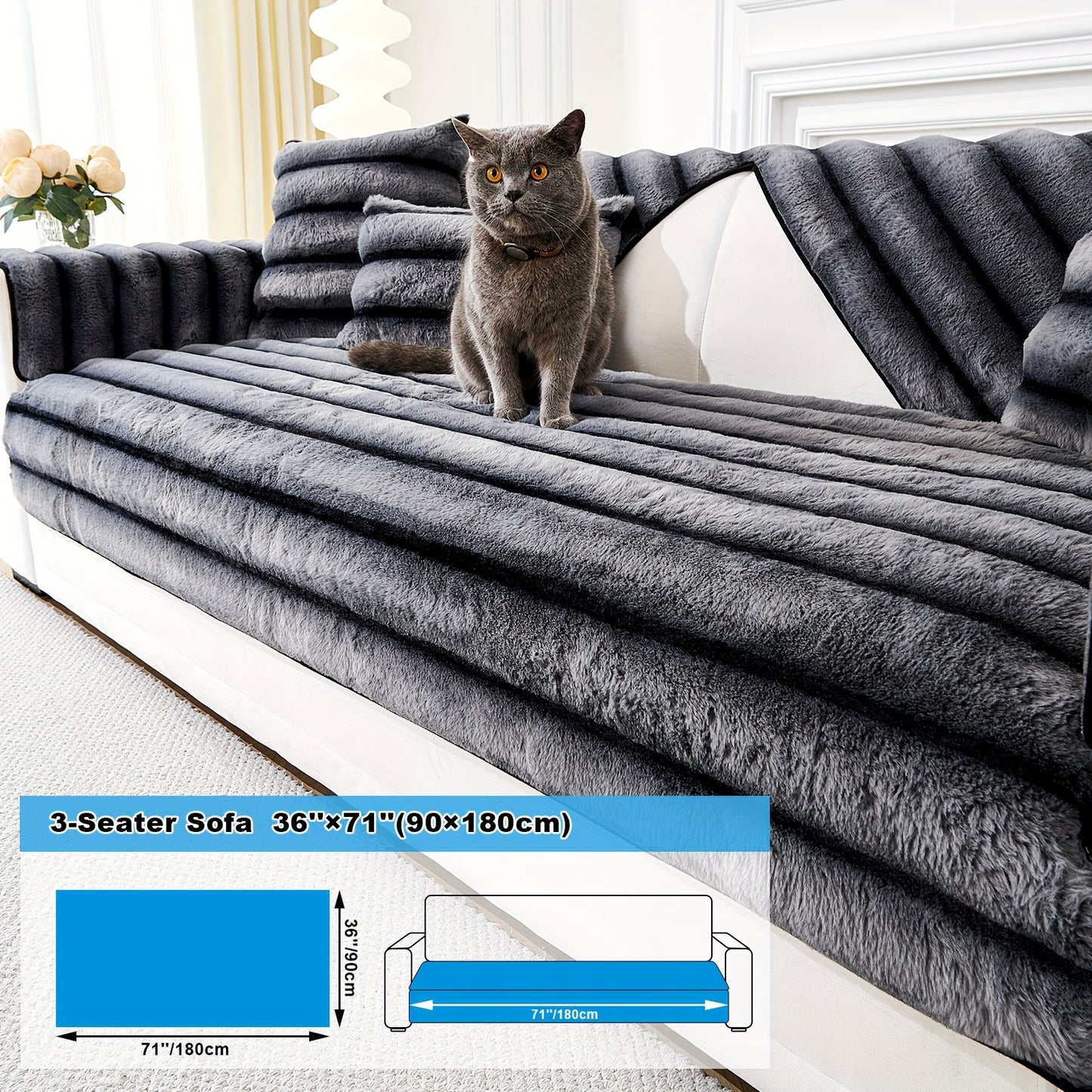 Soft, pet-friendly faux mink sofa slipcover with sherpa fleece for single to four seater sofas. Machine washable and non-slip.