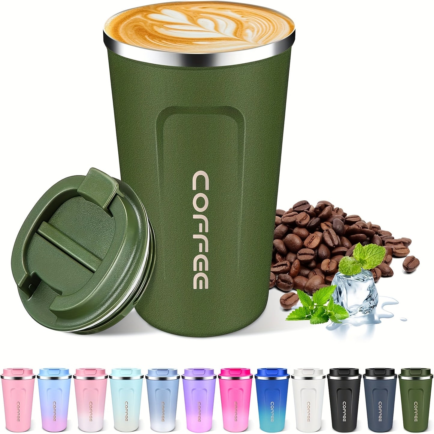 Stainless steel insulated coffee mug in various colors - leakproof, dishwasher safe with lid. Keeps drinks hot or cold. Perfect for office, reading, camping. Great gift for men and women.