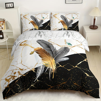 3-piece soft and breathable duvet cover set in black and white marble feather print, including 1 duvet cover and 2 pillowcases (no insert), suitable for all seasons.