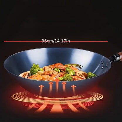 This 14.1-Inch Chinese Stir Fry Pan is made of cast iron and is uncoated, making it nonstick and easy to clean. It comes with a lid and detachable handle, perfect for use on an electric stove.