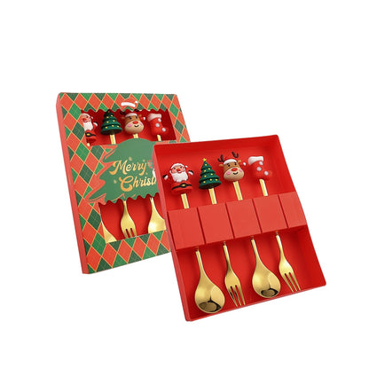 Set of 4/6 Christmas-themed stainless steel coffee spoons and forks in a red or green gift box for stirring beverages and desserts.