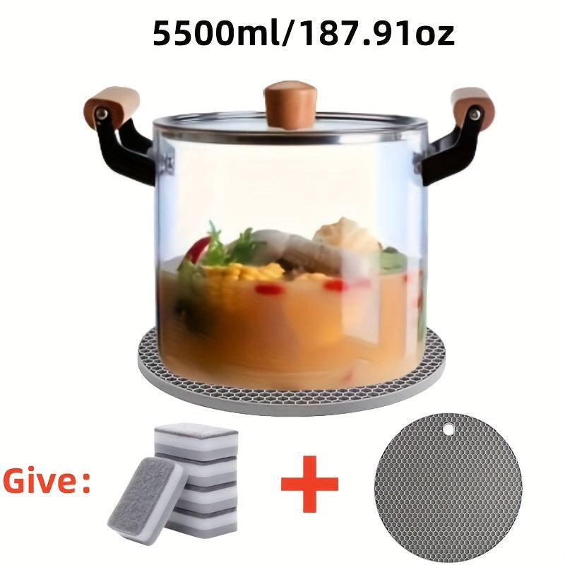 Transparent Soup Pot with Lid and Dual Wooden Handles for Easy Cleaning - Made of Durable High Borosilicate Glass, Perfect for Everyday Kitchen Use.