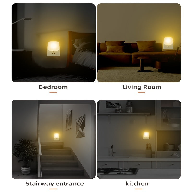 2 modern LED night lights with sensor, adjustable brightness and 3000K soft white light. Ideal for hallway, bedroom, stairway.