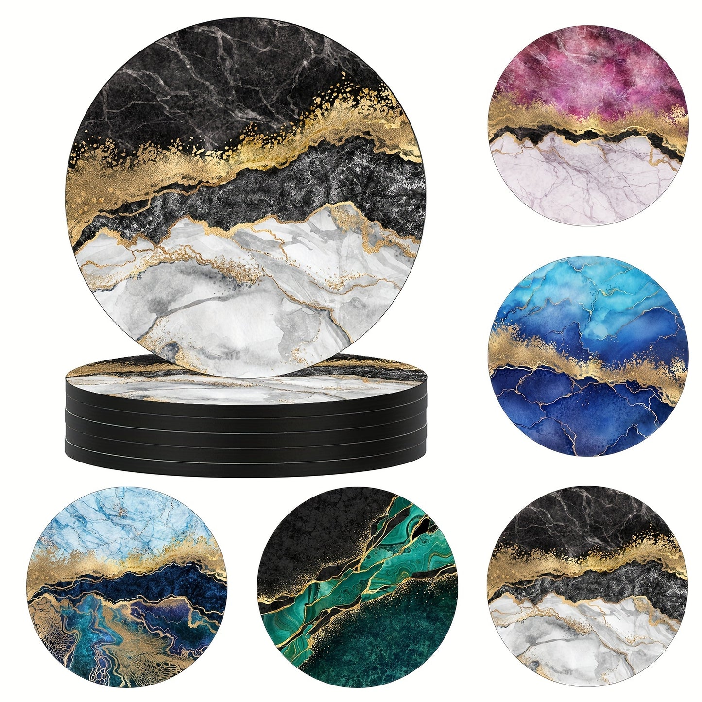 6 luxury golden marbling coasters with absorbent rubber and non-slip backing, perfect for home decor or as a housewarming gift. 10.16cm round.