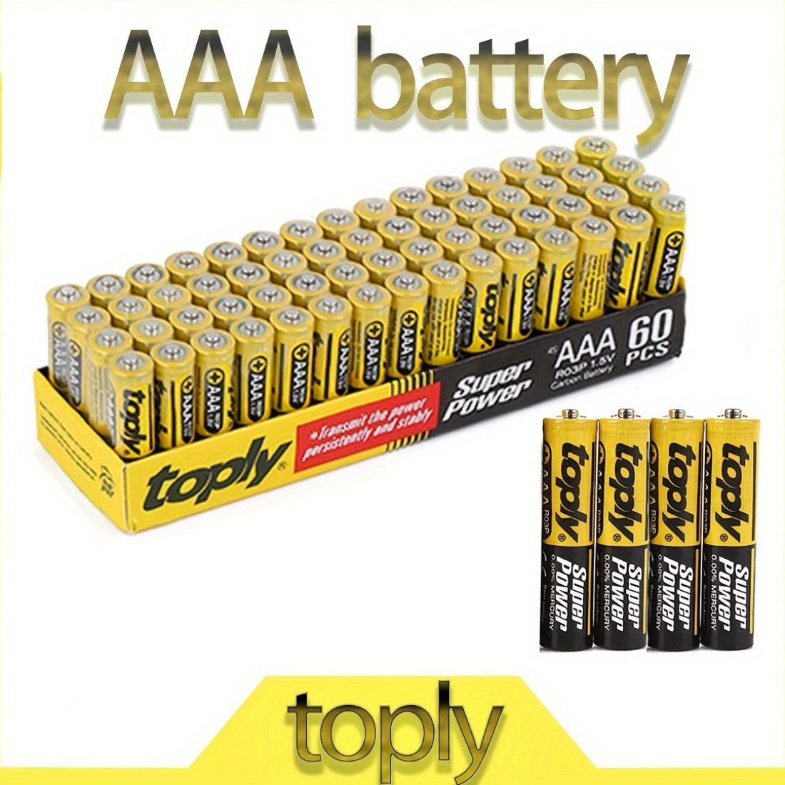 Toply 60-Pack AAA/AA Batteries, 1.5V Carbon Zinc Non-rechargeable, Compatible with various devices - Single Use