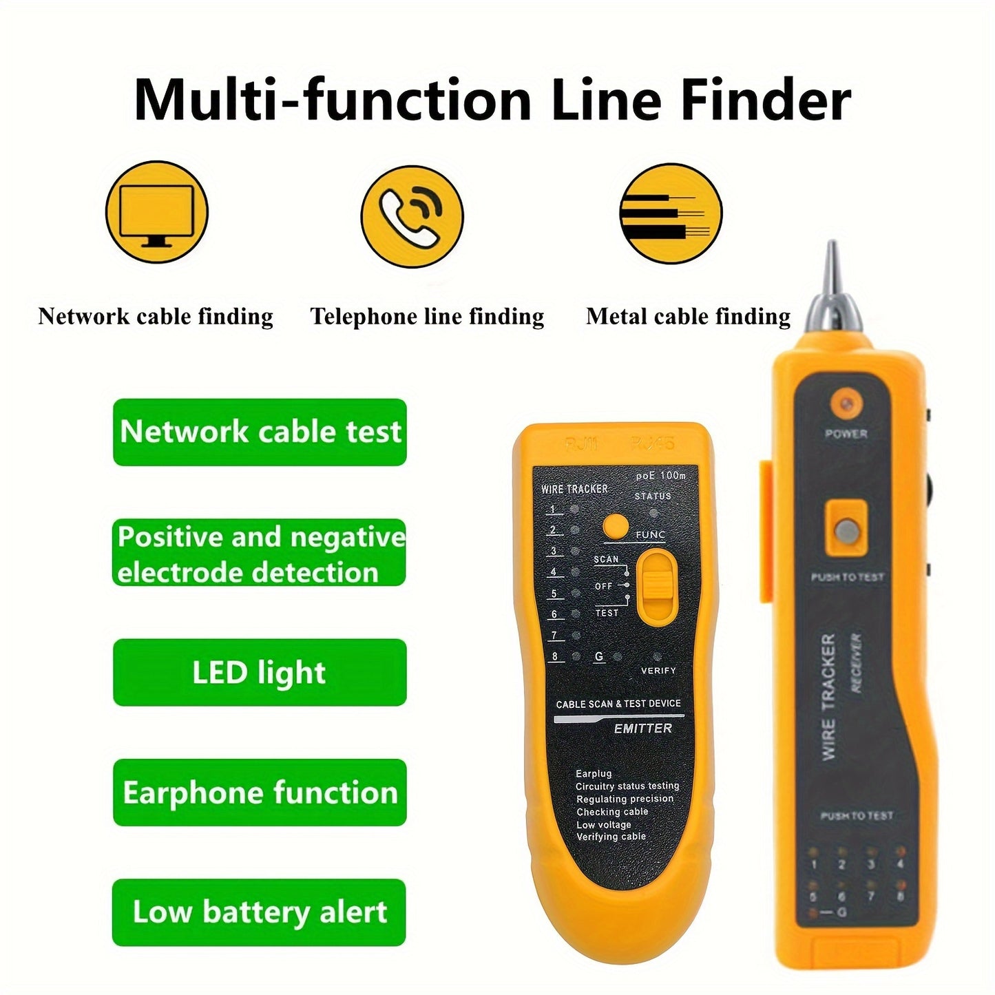 MythTiger Handheld Cable Tester for LAN, phone, internet, video, and data cables. Features automatic tone inspection, headset jack, and RJ45/RJ11 sockets. Battery powered (battery not