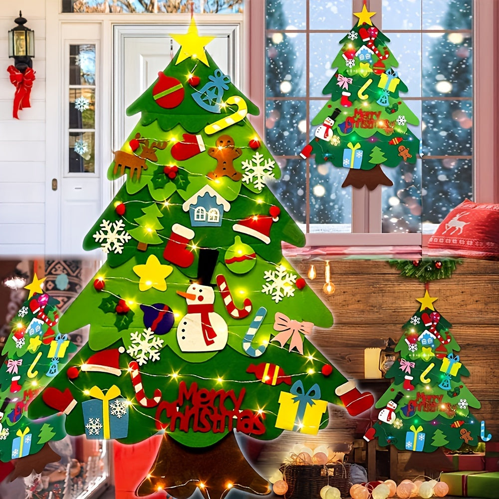 Christmas felt tree decoration with non-woven material, suitable for both indoor and outdoor use. Powered by two AA batteries, no need for electricity.