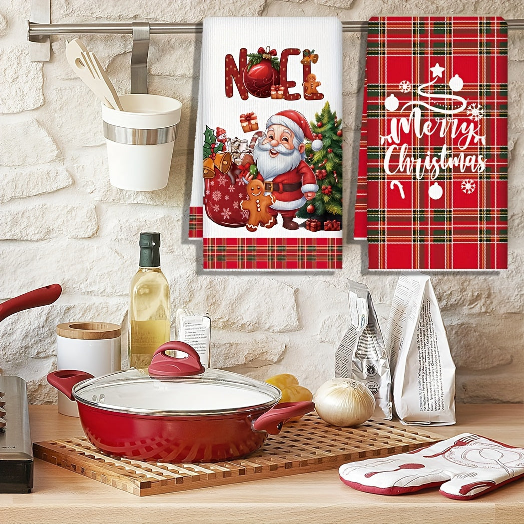 Set of 2 Christmas kitchen towels with Santa and gingerbread design. Made of quick-dry microfiber, featuring red plaid Merry Christmas pattern. Perfect for cooking, baking, and housewarming gifts. Size: 69.85x44.96 cm.