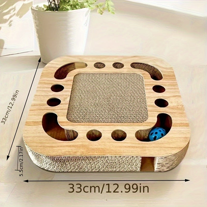 Interactive cat scratcher toy with ball track made of durable corrugated cardboard, featuring multi-level platforms for play and relaxation, suitable for all cats.