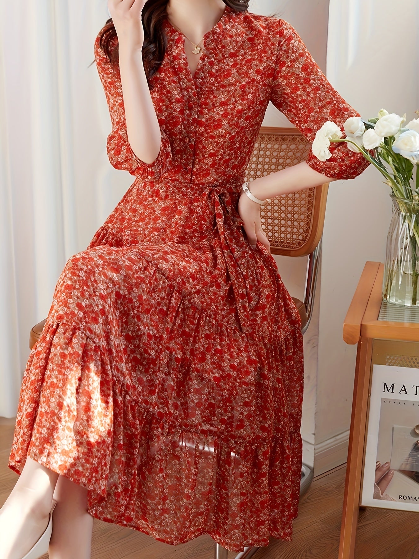 Elegant red floral chiffon maxi dress for women with a flattering slimming effect, complete with a belt.