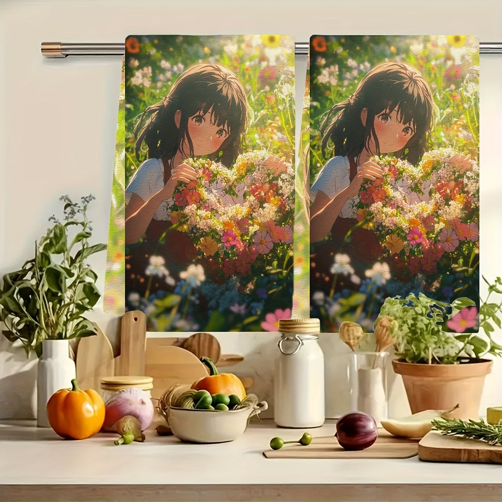 Set of 2 Ultra Soft Kitchen Towels featuring an Anime Girl creating a heart-shaped wreath with freshly picked flowers in a sunlit meadow. These dish hand towels are highly absorbent and perfect for holiday decor. Machine washable and measuring 16x24