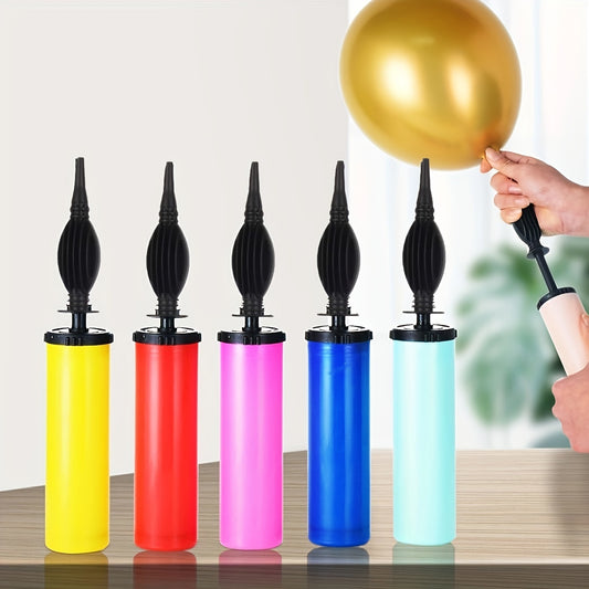 Durable handheld balloon pump for all occasions, no power needed. Ideal for inflating latex and foil balloons at weddings, showers, graduations, and birthdays. Made of durable plastic with multiple color options. Perfect for party preparation.