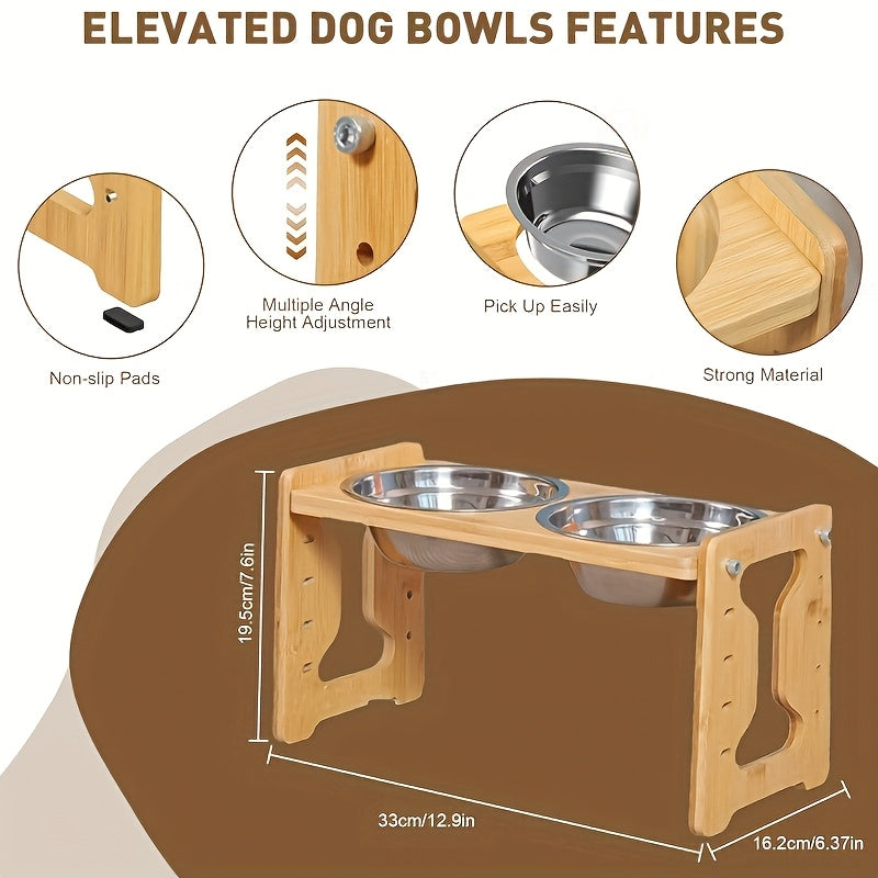 Sturdy adjustable pet feeder with bamboo stand, 2 stainless steel bowls, and tilted design for easy eating and drinking.