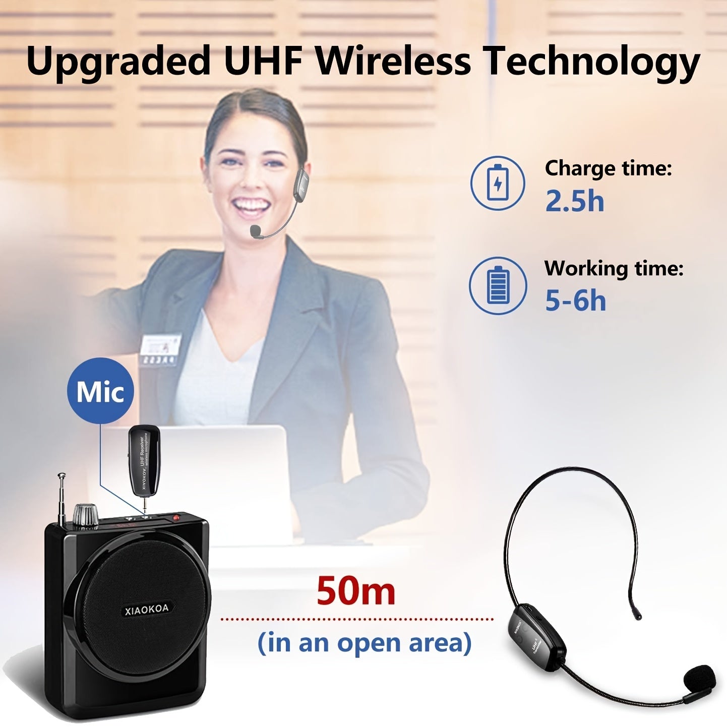 Rechargeable wireless microphone headset with UHF receiver, ideal for public speaking and teaching, USB Type-C charging.