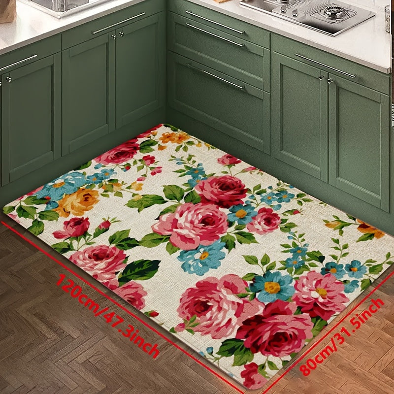 Polyester kitchen mat with floral design is non-slip, oil-proof, and waterproof. Machine washable and dirt-resistant, suitable for various rooms. Water-absorbing and decorative floor mat.