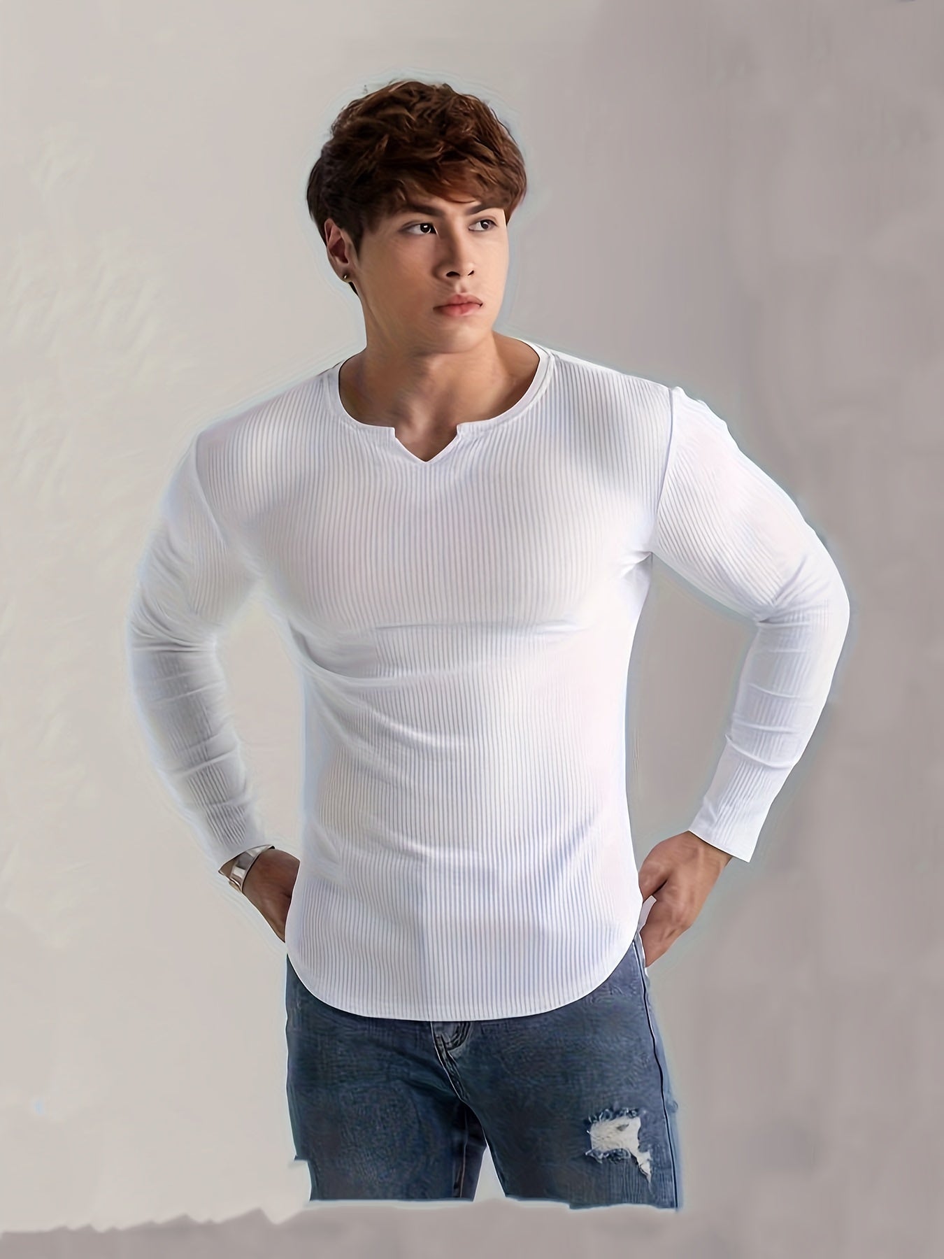 Men's solid color long sleeve V-neck t-shirt for comfortable and casual wear in spring and fall outdoor activities.