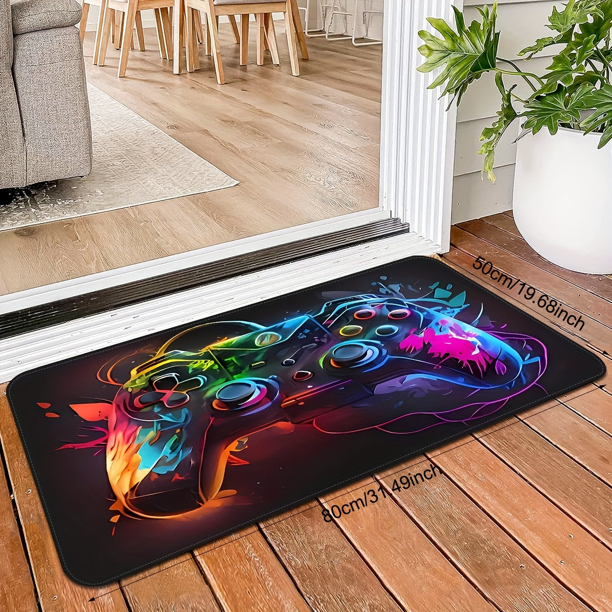 Polyester non-slip rug featuring a game console element pattern, perfect for high-traffic areas like bedrooms, offices, and living rooms. Easy to clean and durable.