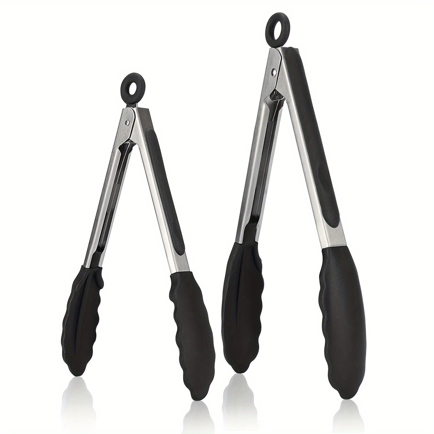 Black and red stainless steel kitchen tongs with heat-resistant silicone tips, available in three sizes (20.32 cm, 27.94 cm, 33.02 cm). These food clips feature a pull lock and non-scratch silicone tips, making them ideal for use with air fryers and