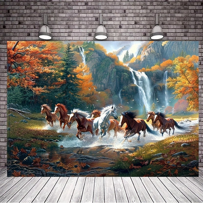 Polyester horse-themed wall backdrop for various occasions, no electricity required. Ideal for classrooms, libraries, photo booths, studios, and celebrations.