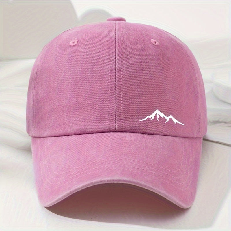 Retro baseball cap with mountain view print, soft top dad's hat, sun protection, ideal for sports, fishing, picnic, and camping.